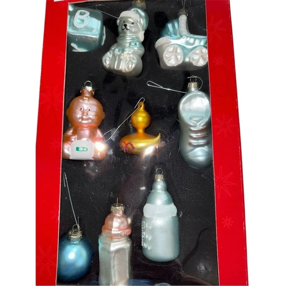Vtg infant JCPenney 9 Pc hand Blown Glass‎ Christmas Ornament Set missing 1 baby